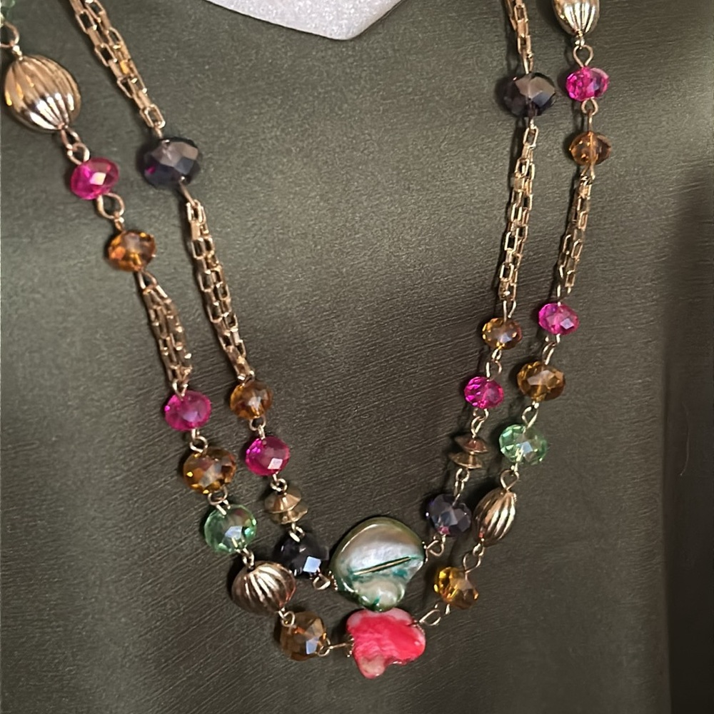 Multi-Layered Gold Chain Station Necklace with Shell and Faceted Colored Beads